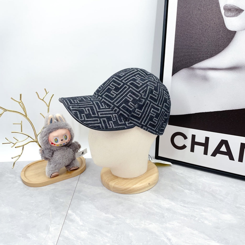 Fendi-style monogram baseball cap, angled view, dark navy repeating FF pattern