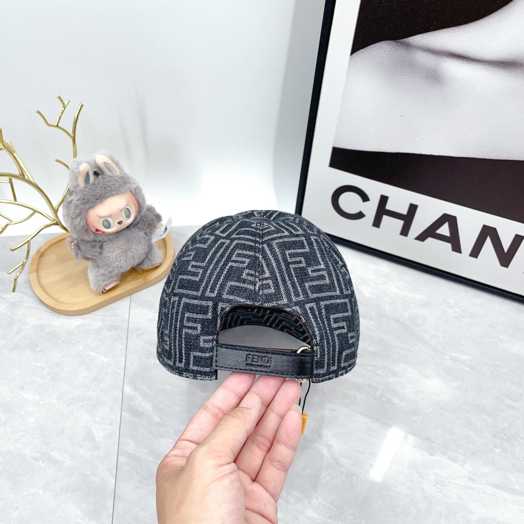 Fendi-style monogram baseball cap with adjustable strap, dark navy repeating pattern