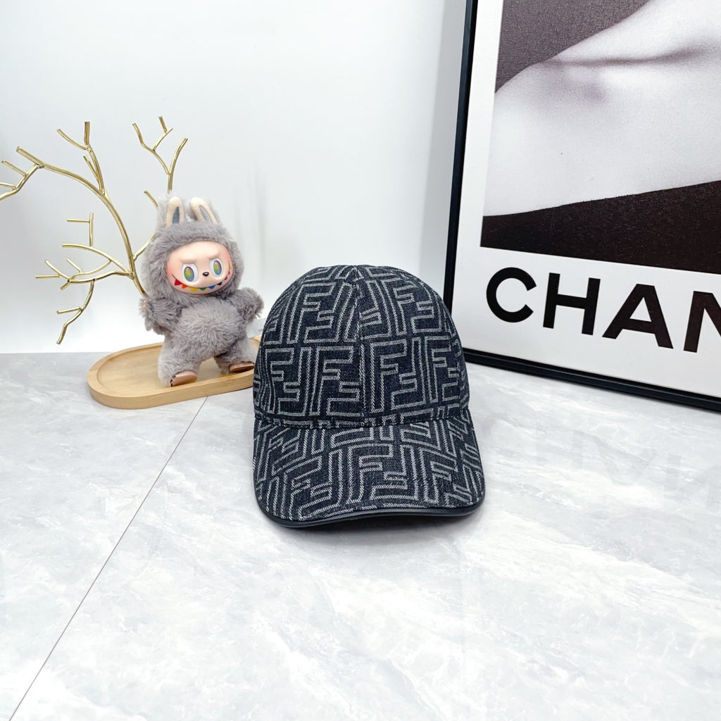 Fendi-style monogram baseball cap, front view, dark navy repeating FF pattern