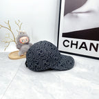 Fendi-style monogram baseball cap, side view, dark navy repeating pattern