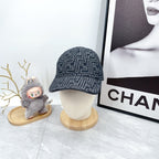 Fendi-style monogram baseball cap in dark navy with repeating FF pattern