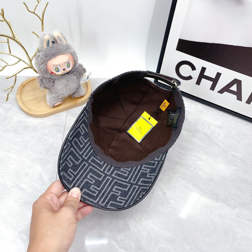 Fendi-style monogram baseball cap with brown interior lining and adjustable strap