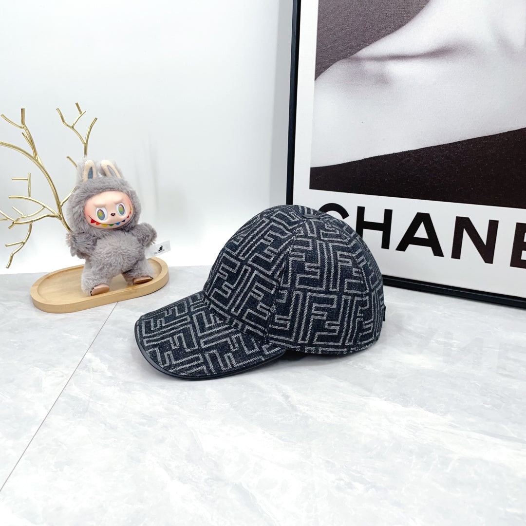 Fendi-style monogram baseball cap, back view, dark navy repeating pattern