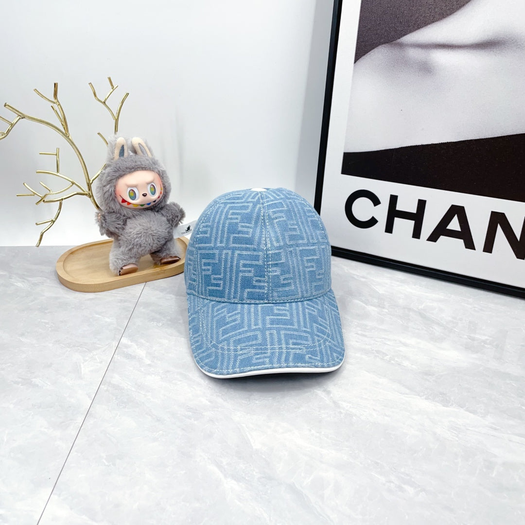 Fendi blue patterned baseball cap with curved brim, front view.