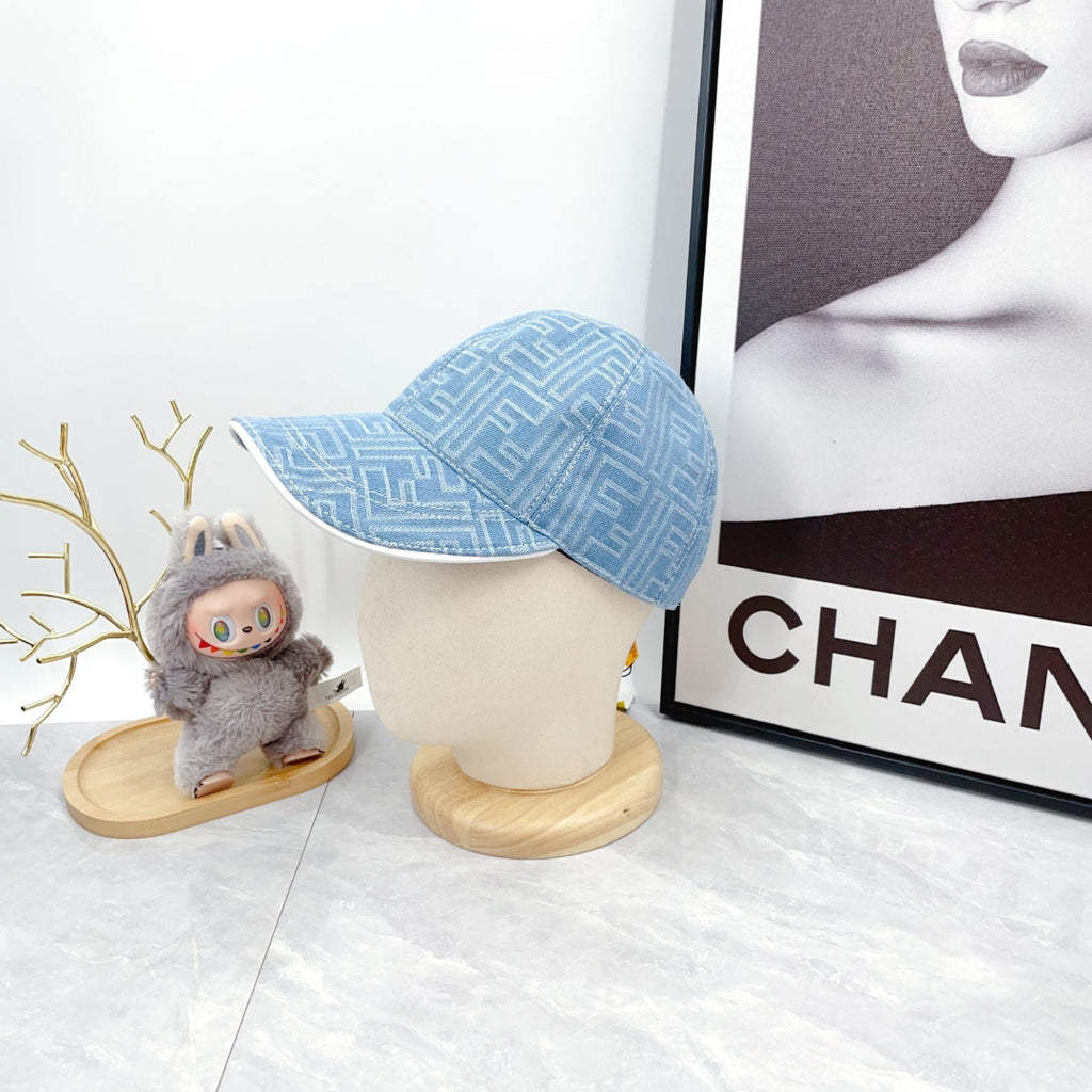 Fendi light blue patterned baseball cap with curved brim, side view.