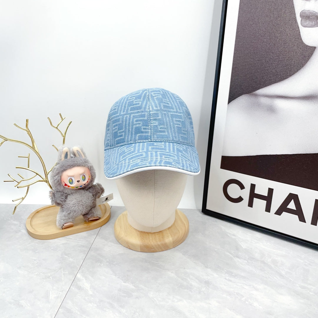 Fendi blue patterned baseball cap with curved brim and tonal F-style motif.