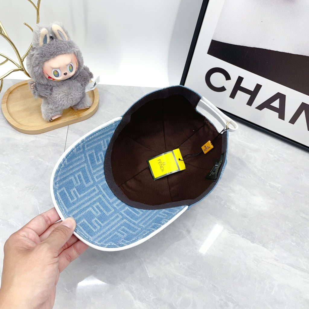 Fendi blue patterned baseball cap interior with dark lining and small hang tag.