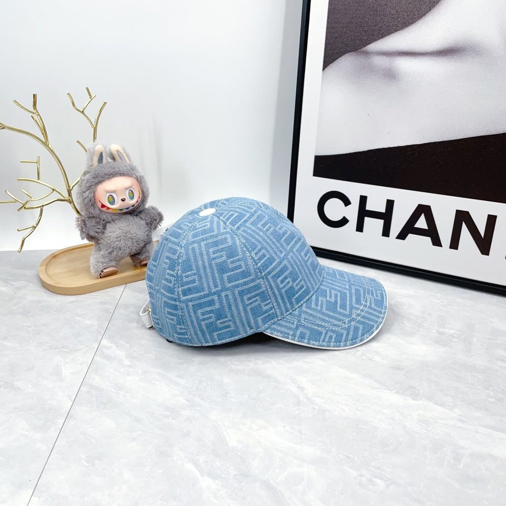 Fendi blue patterned baseball cap with curved brim, back and side view.