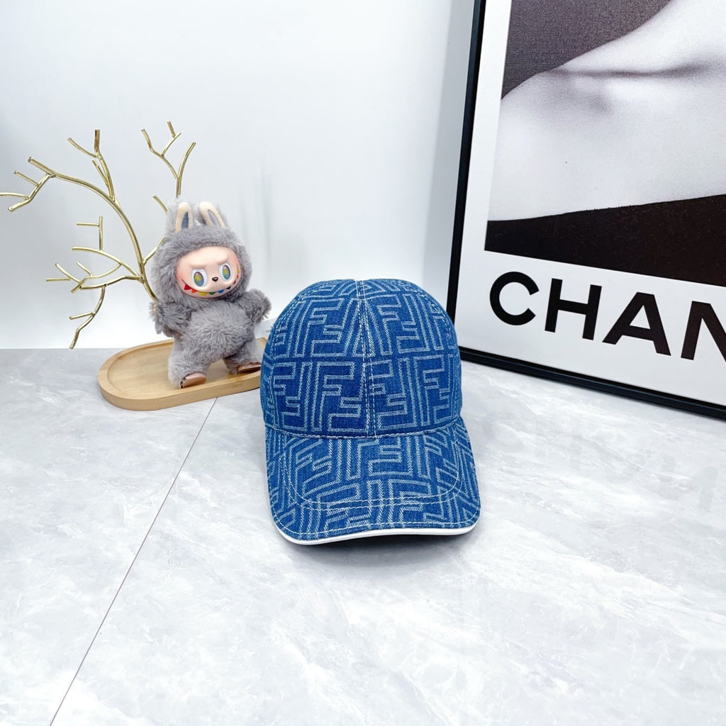 Blue baseball cap with allover F logo pattern, front view, curved brim