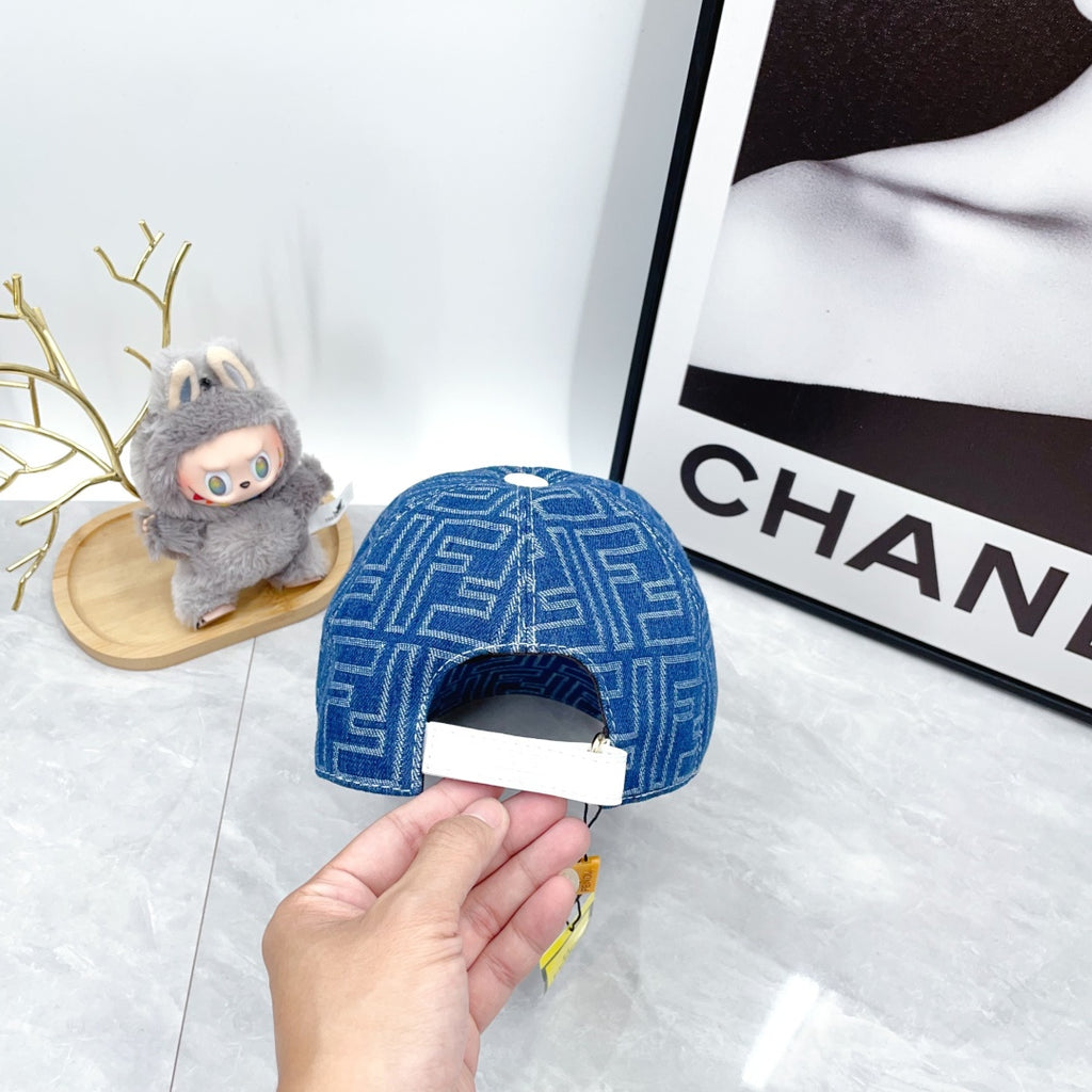 Blue baseball cap with allover F logo pattern, rear view with opening