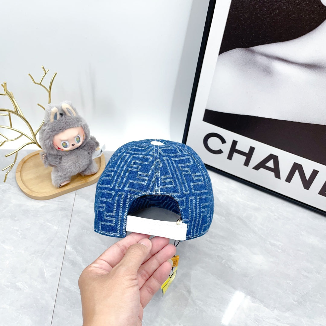 Blue baseball cap with allover F logo pattern, rear view with opening