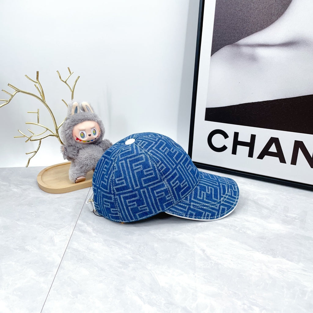 Blue baseball cap with allover F logo pattern, side view, curved brim