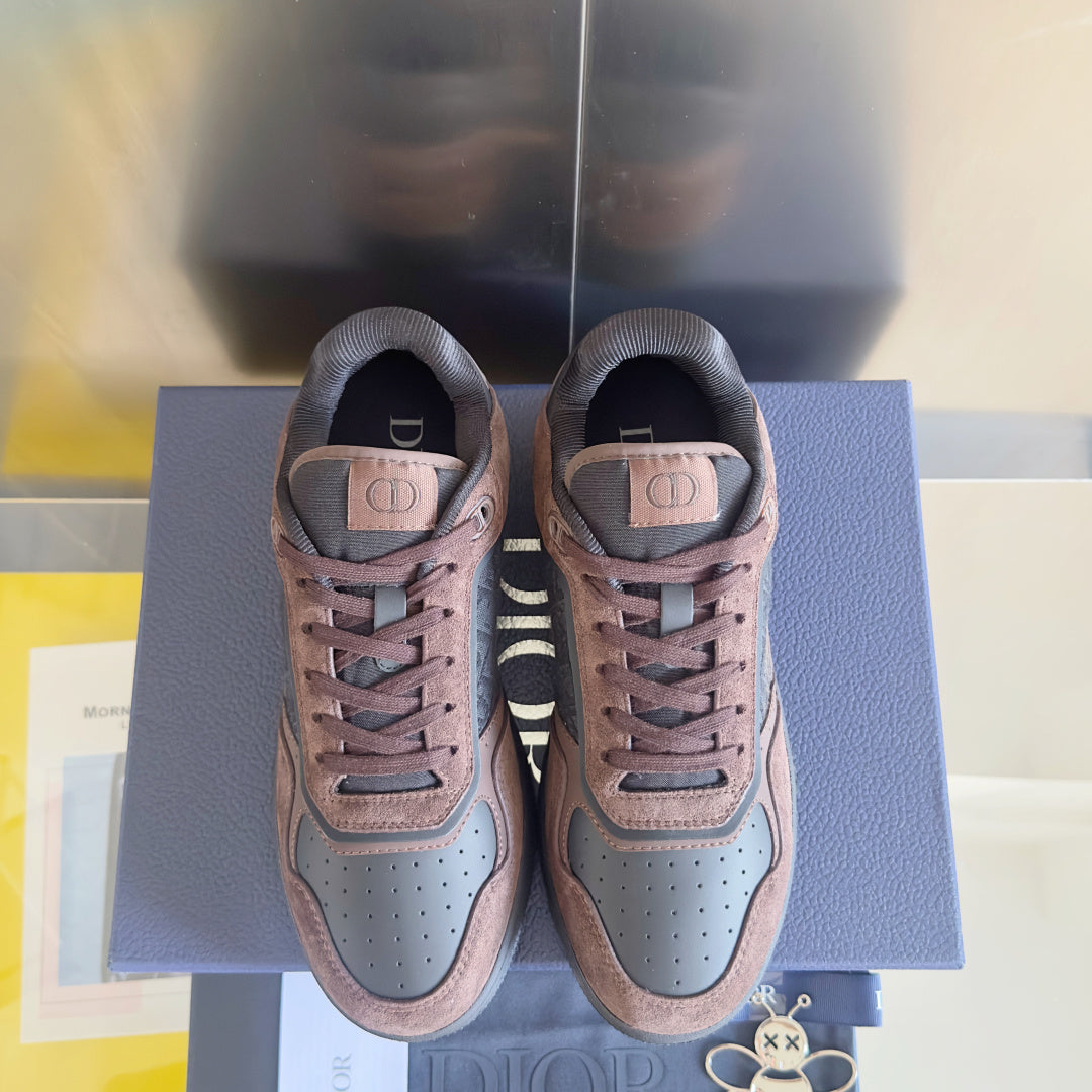 Dior unisex low-top sneakers, mauve suede and gray accents with lace-up closure