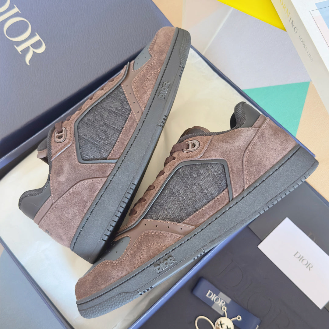 Dior unisex low-top sneakers, mauve suede with dark gray side panels and lace-up