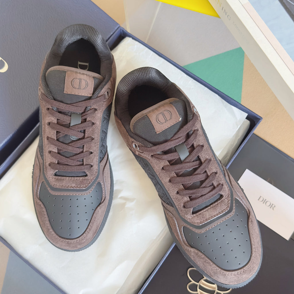 Dior unisex low-top sneakers, mauve suede with gray leather panels and lace-up front