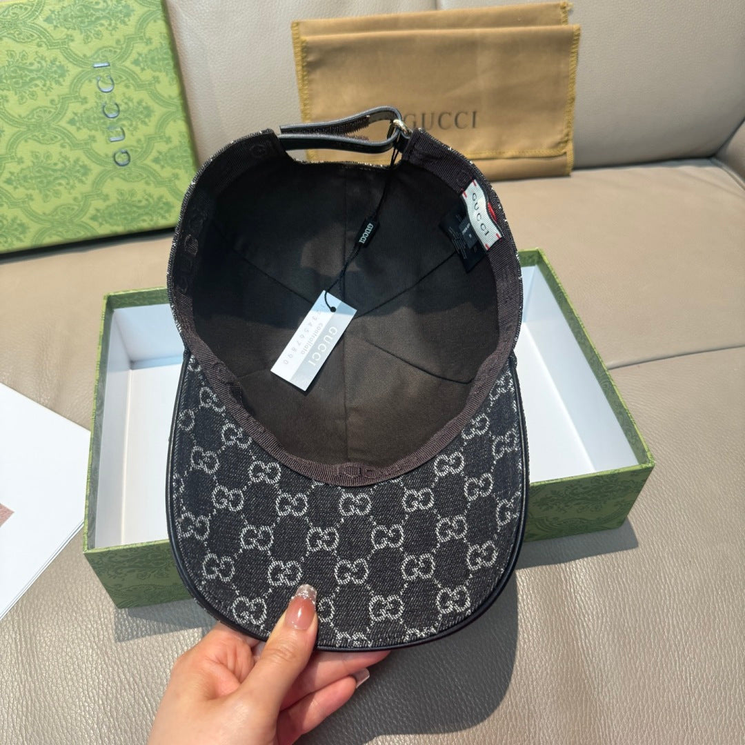 Gucci GG baseball cap interior view with dark navy jacquard and adjustable strap
