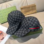 Gucci GG jacquard baseball caps, two views, dark navy print with green-red stripe