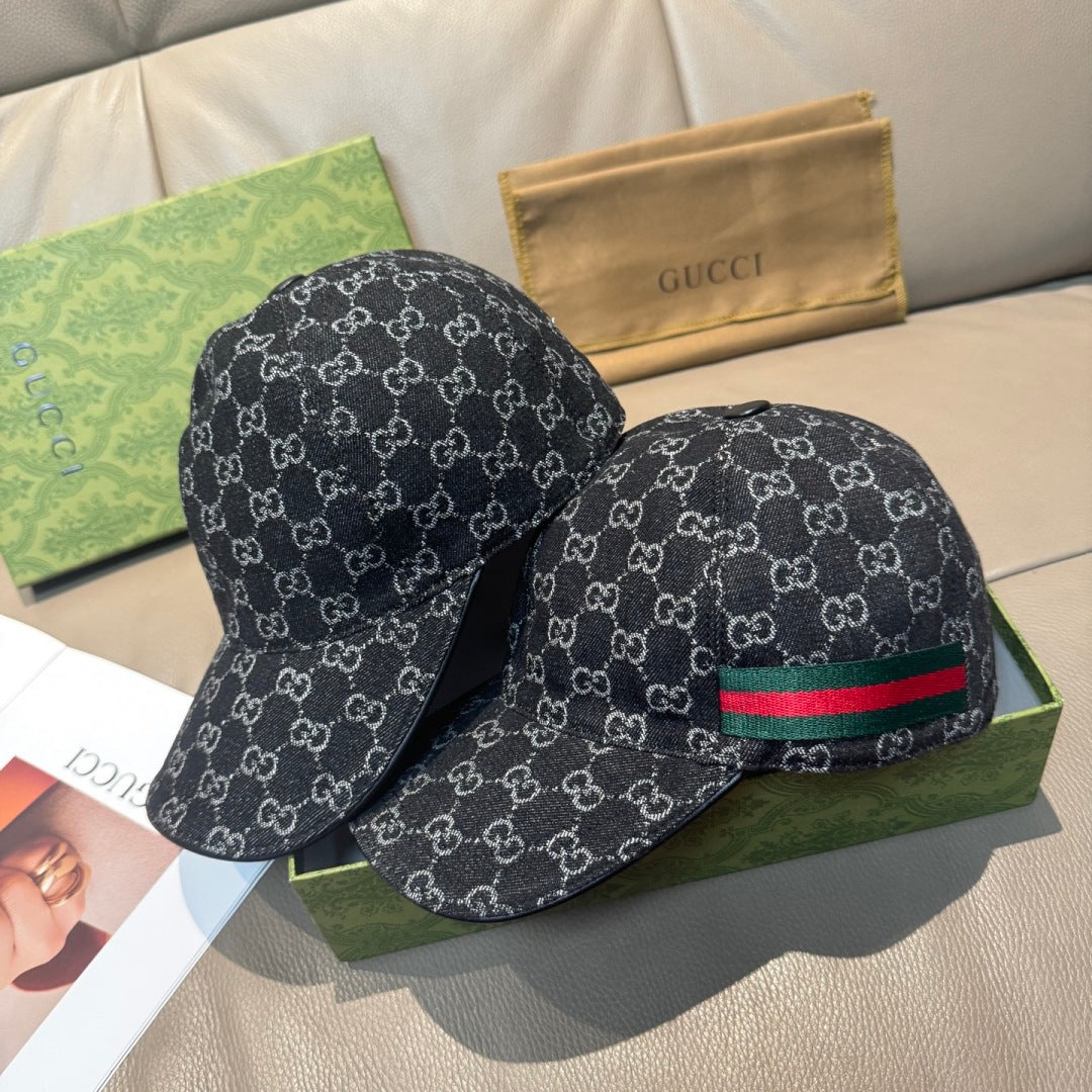 Gucci GG jacquard baseball caps, two views, dark navy print with green-red stripe