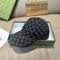 Black baseball cap with repeating GG-style monogram pattern and small top button.