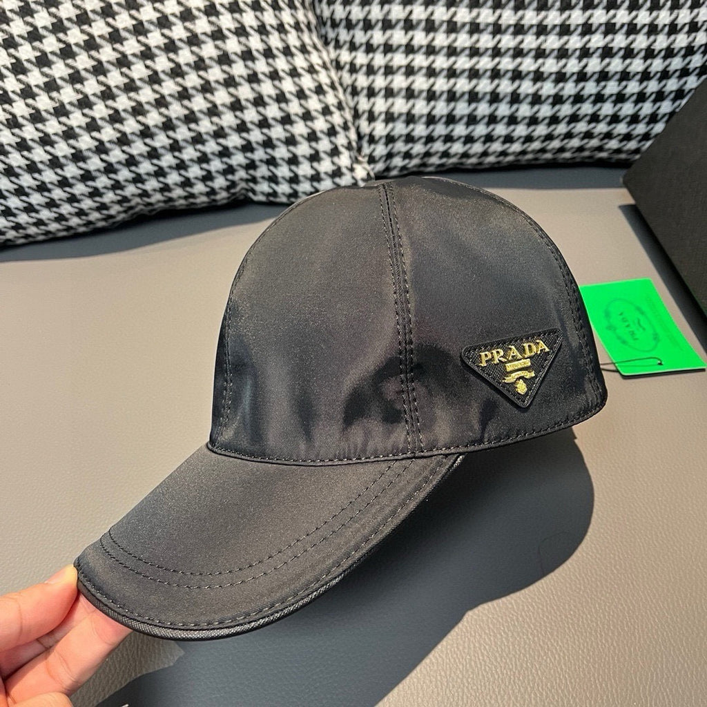 Black satin baseball cap with PRADA logo patch on front side panel