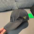 Black satin baseball cap with PRADA logo patch on front side panel