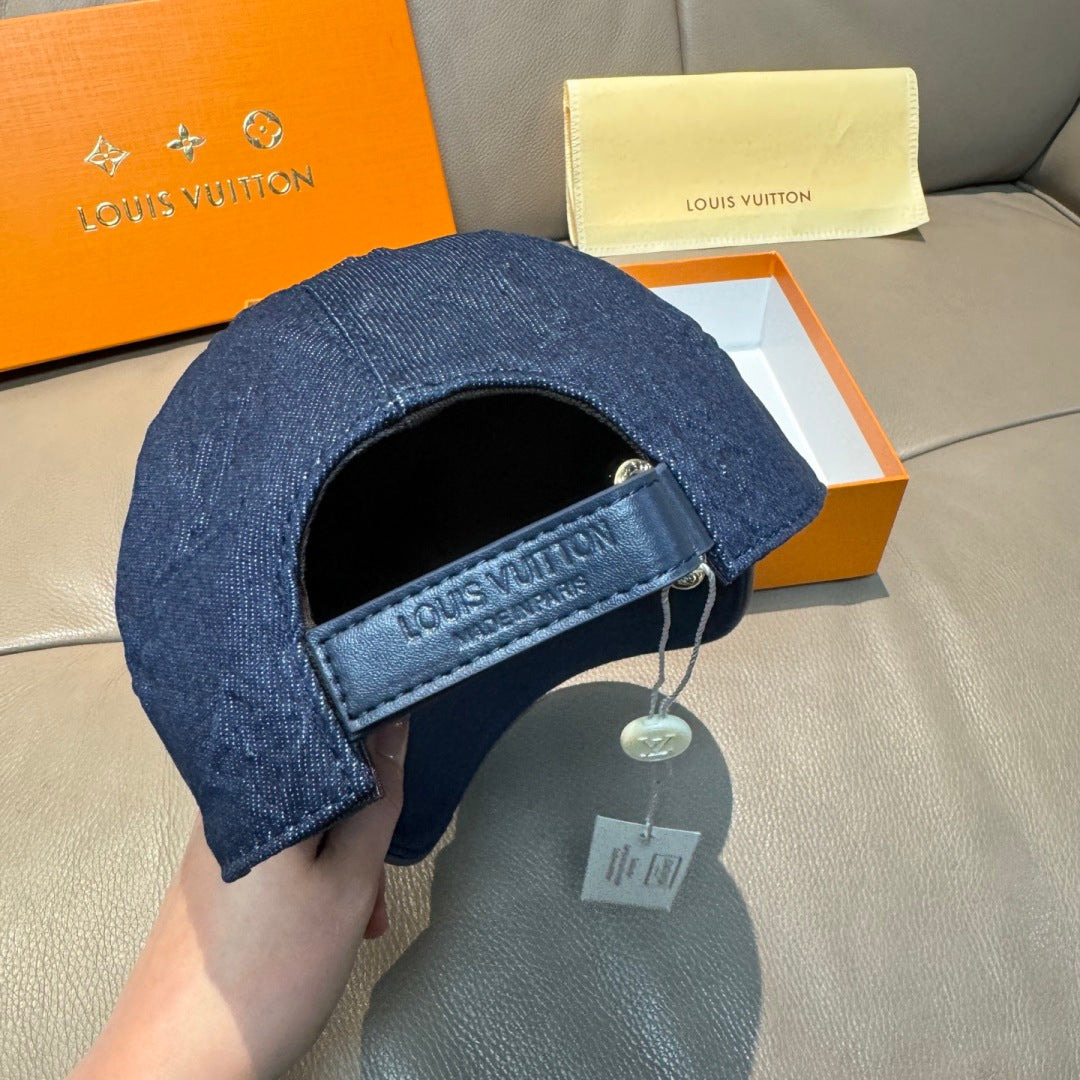 Louis Vuitton dark blue denim cap with adjustable strap and branded inner label