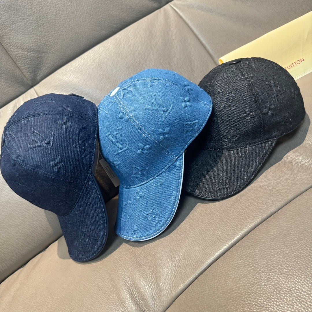 Denim caps set in dark blue, light blue, and navy with monogram pattern