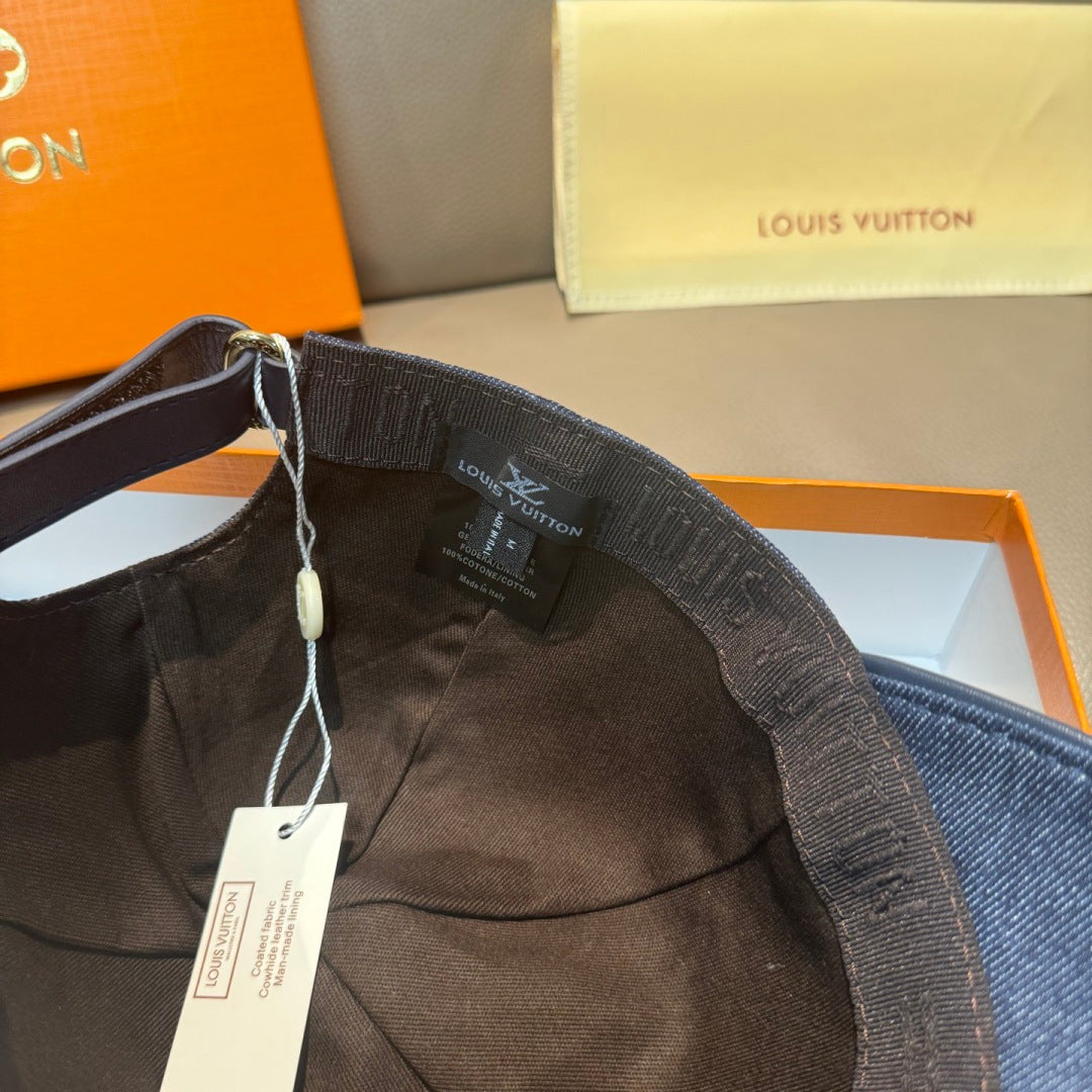Louis Vuitton cap interior with brown lining and woven logo label, with hanging tag