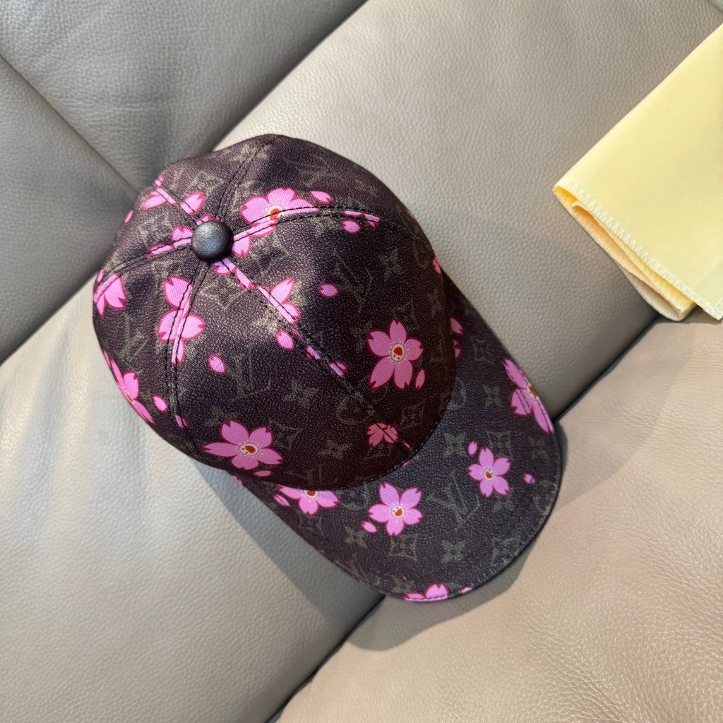 Louis Vuitton cap, dark brown with pink floral print and round crown