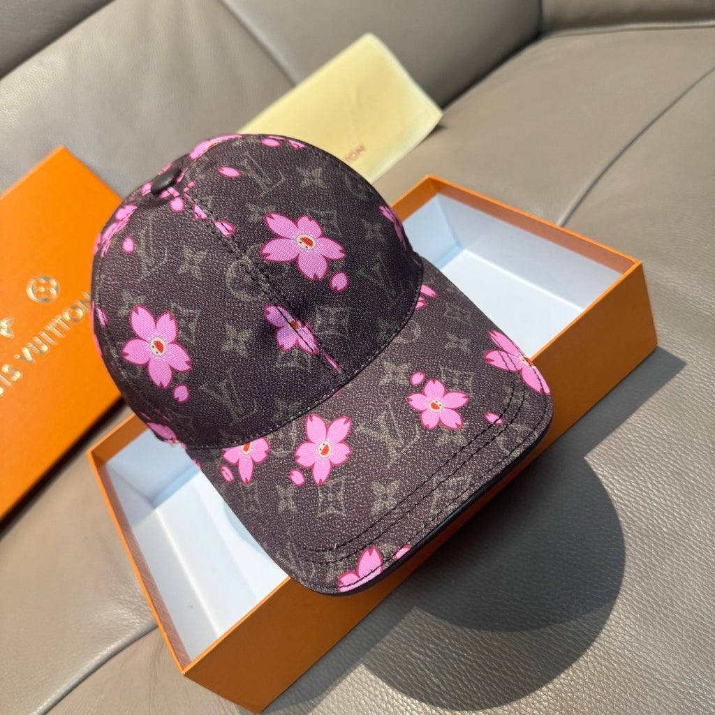 Louis Vuitton cap, dark brown with pink flowers and Monogram pattern