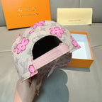 Louis Vuitton baseball cap, gray monogram with pink flowers and leather strap