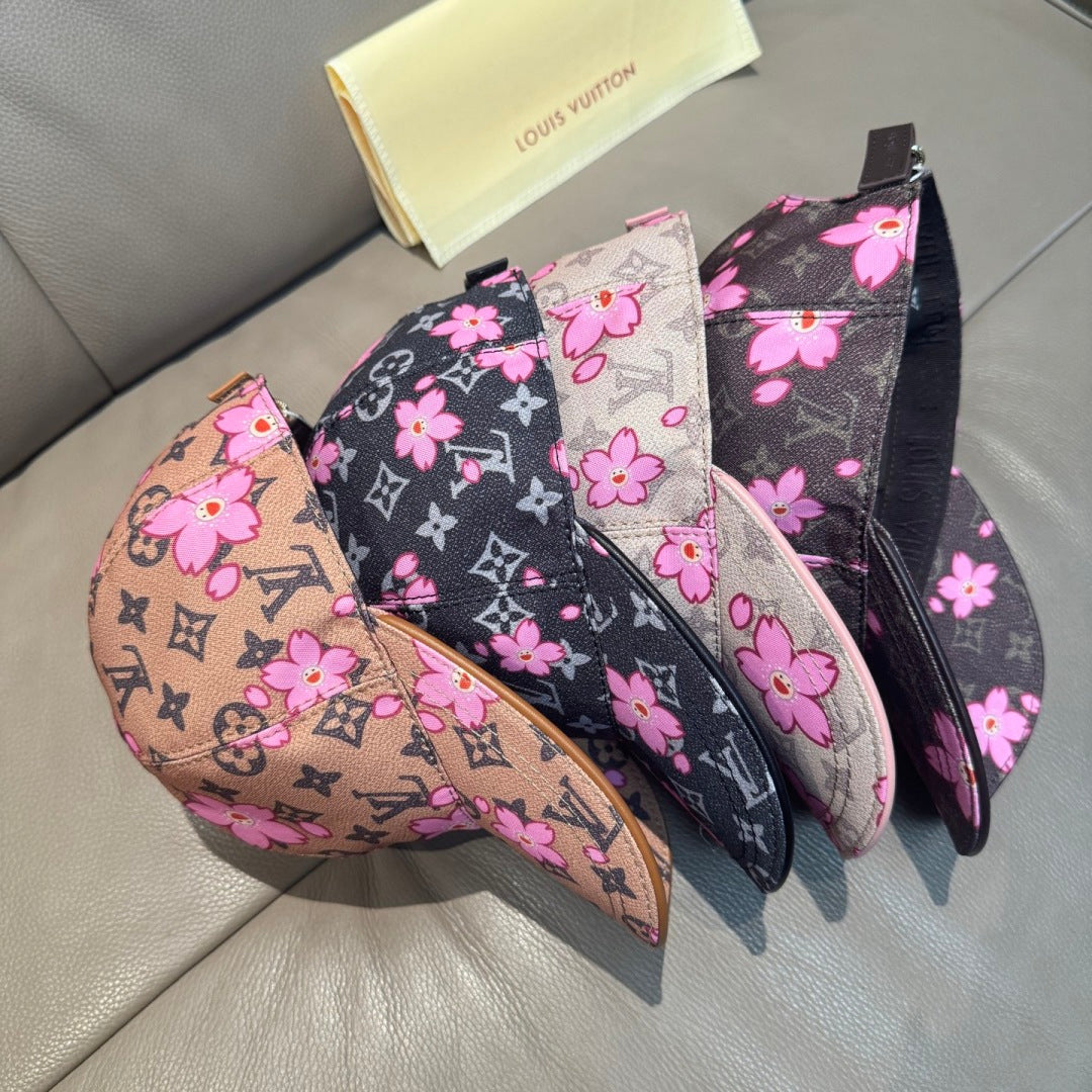 Louis Vuitton caps set: black, brown, and tan bases with pink floral monogram