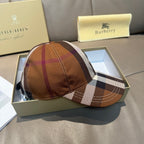 Plaid baseball cap with brown crown and visor, shown on a box.