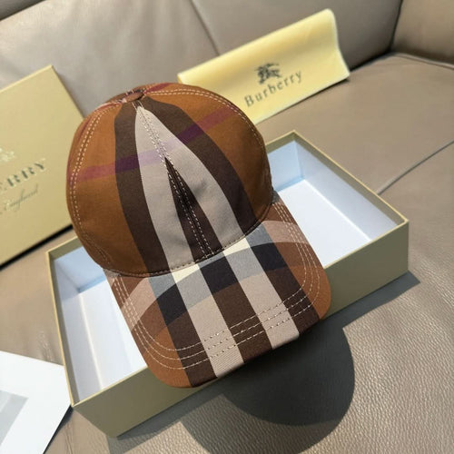 Brown plaid baseball cap with white stitching and curved brim.