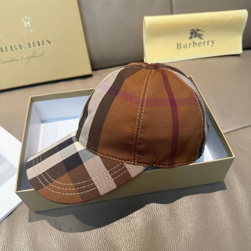 Brown plaid baseball cap with curved brim and front seam details.
