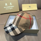 Plaid baseball cap side view in beige with red, black, and white oversized check pattern