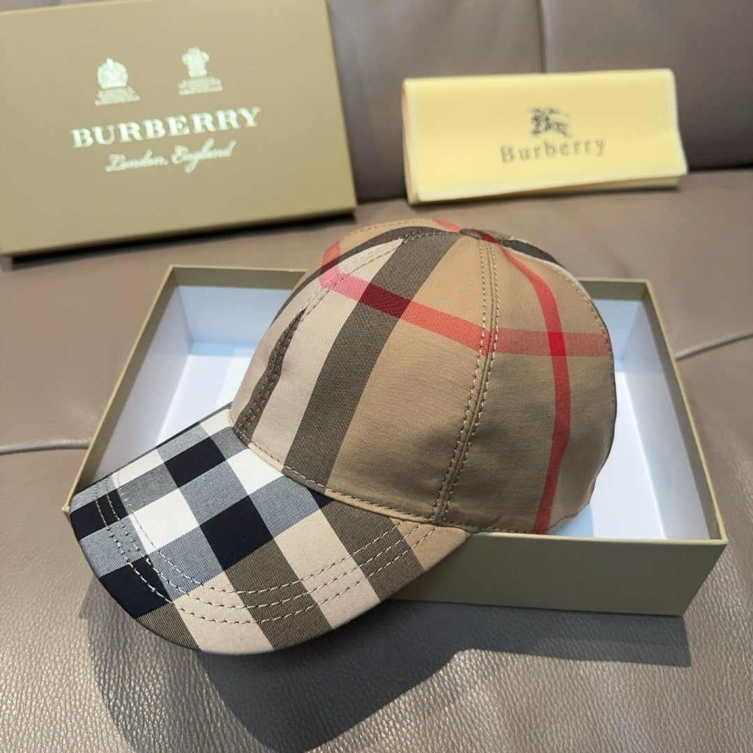 Plaid baseball cap side view in beige with red, black, and white oversized check pattern