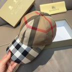 Plaid baseball cap on beige crown with red, black, and white check panel on brim