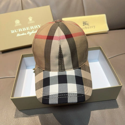 Plaid baseball cap in beige, red, black, and white with curved brim and stitched crown
