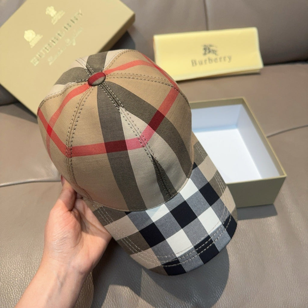Plaid baseball cap from front-top with red, black, and white checks on beige fabric