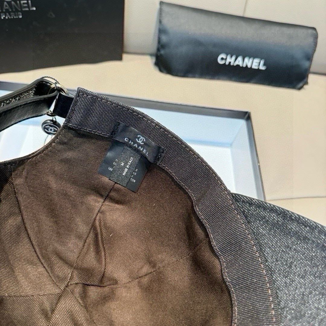 Dark denim baseball cap, interior label and stitched side seam detail