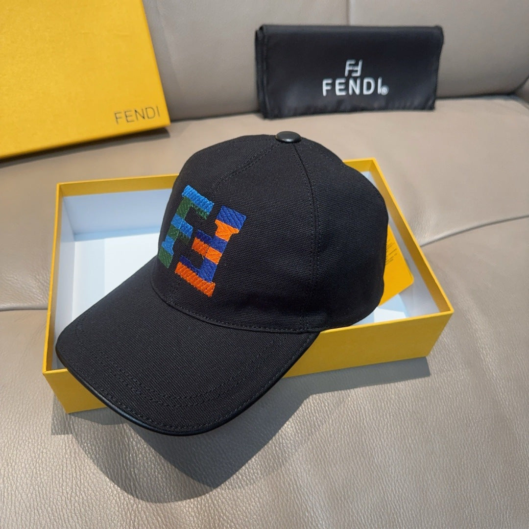 Fendi cap, dark fabric with multicolor embroidered logo and small top button