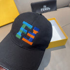 Fendi cap close-up of dark fabric crown with multicolor embroidered logo