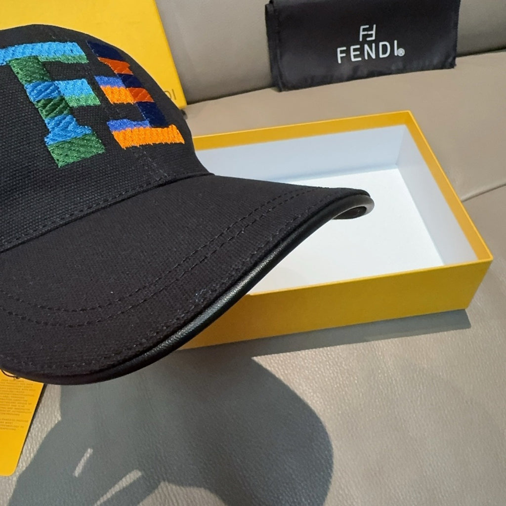 Fendi cap side view with multicolor embroidered logo and curved dark brim
