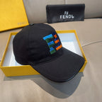 Fendi cap with dark fabric brim and multicolor embroidered logo detail on crown