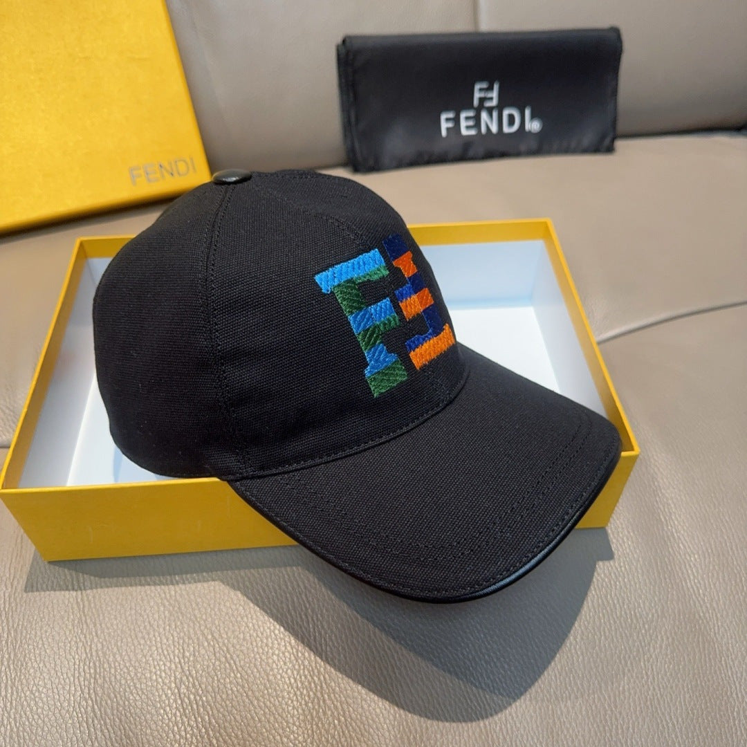 Fendi cap with dark fabric brim and multicolor embroidered logo detail on crown