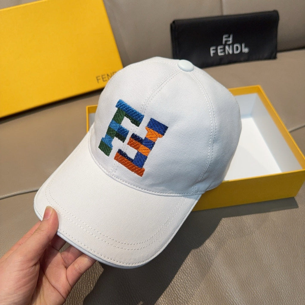 White cap with multicolor FENDI patch logo, front panel detail