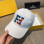 White cap with multicolor FENDI patch logo, front panel detail