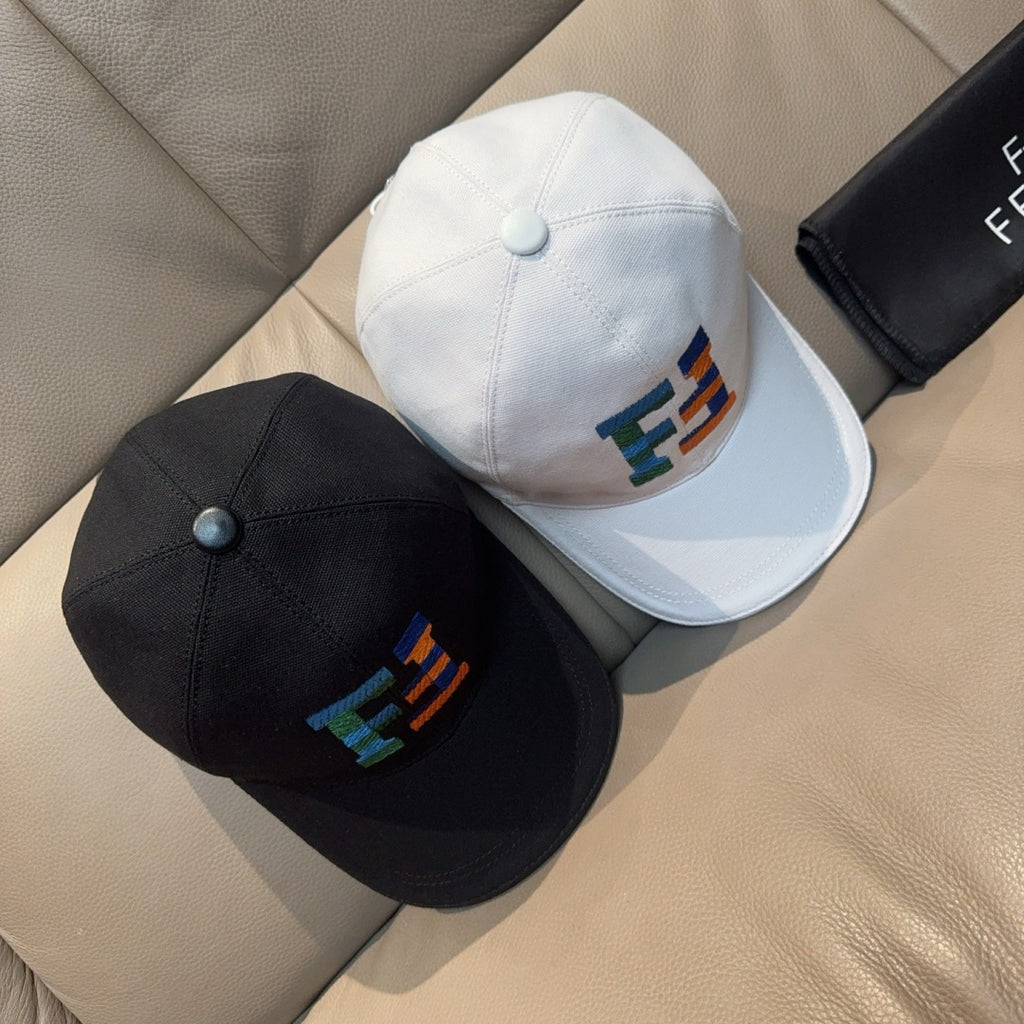 Fendi caps set: black cap and white cap, each with multicolor logo embroidery