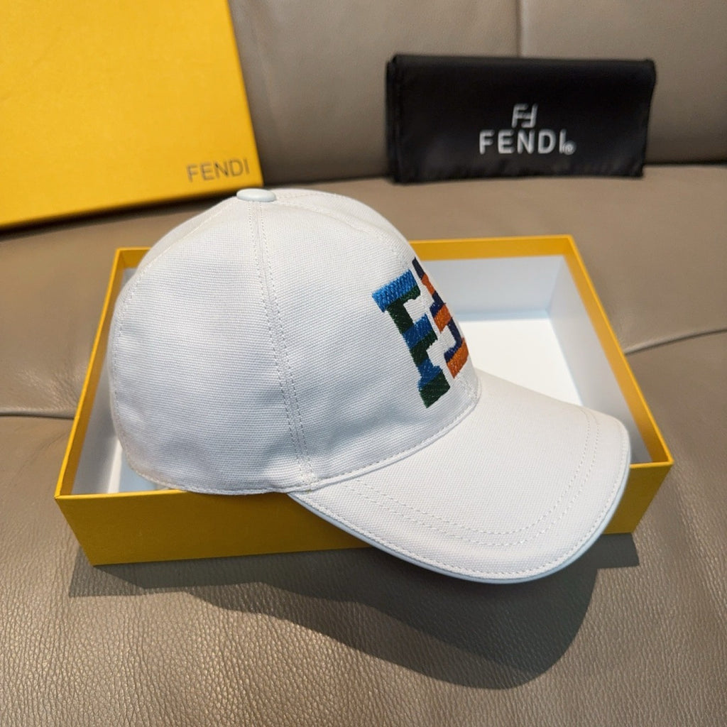 White baseball cap with multicolor FENDI patch logo, side view